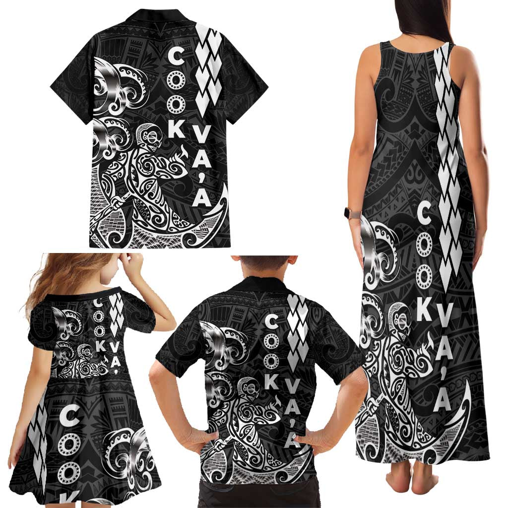 Cook Islands Vaa Polynesian Art Tattoo Family Matching Tank Maxi Dress and Hawaiian Shirt Black Color