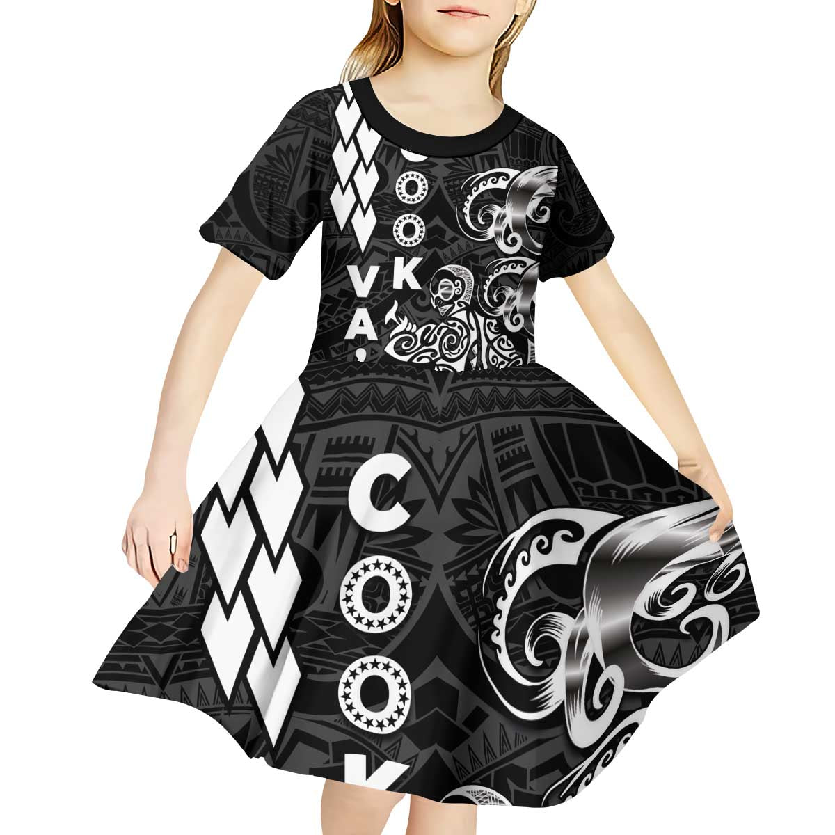 Cook Islands Vaa Polynesian Art Tattoo Kid Short Sleeve Dress Black Color