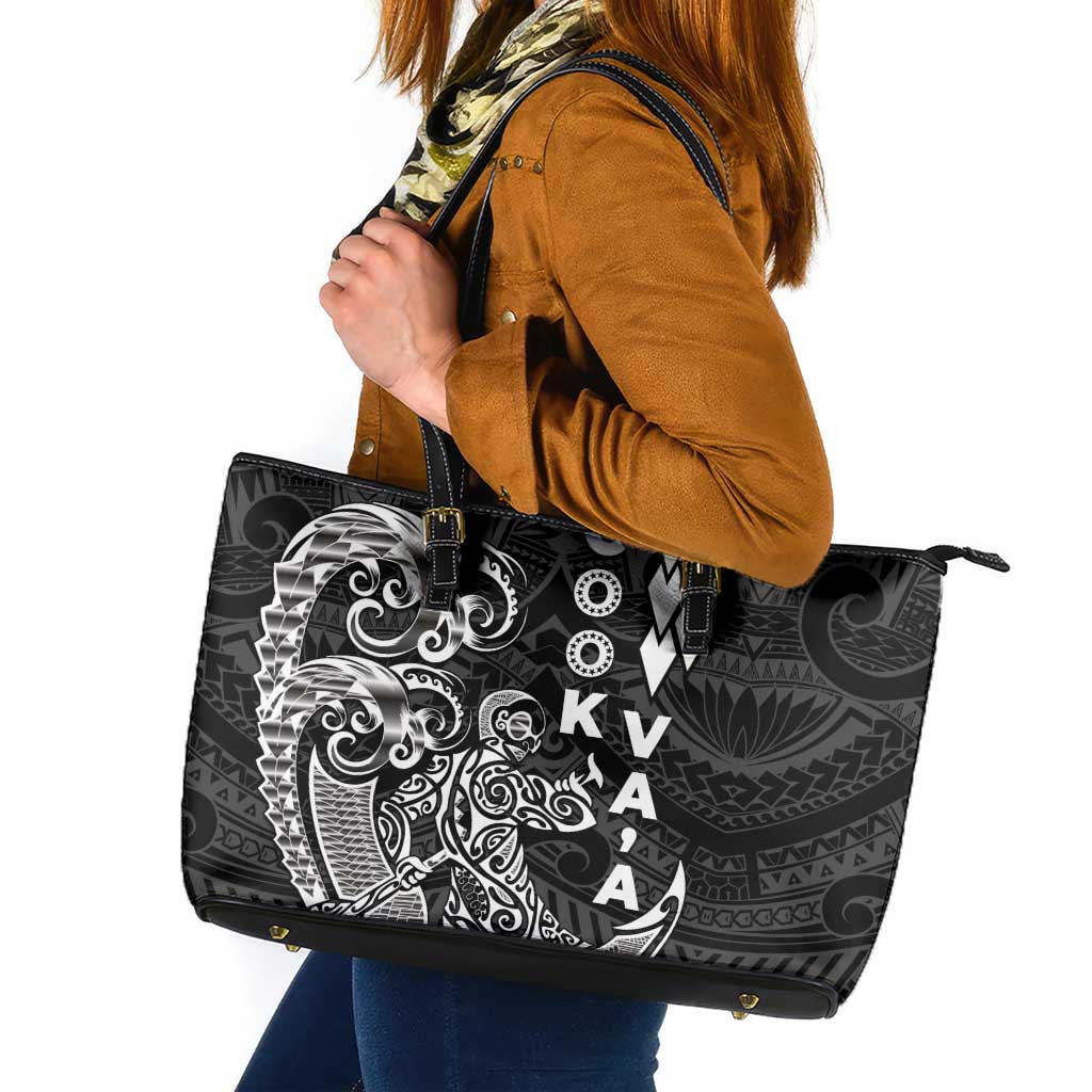 Cook Islands Va'a Polynesian Art Tattoo Leather Tote Bag Black Color LT03 Black - Polynesian Pride