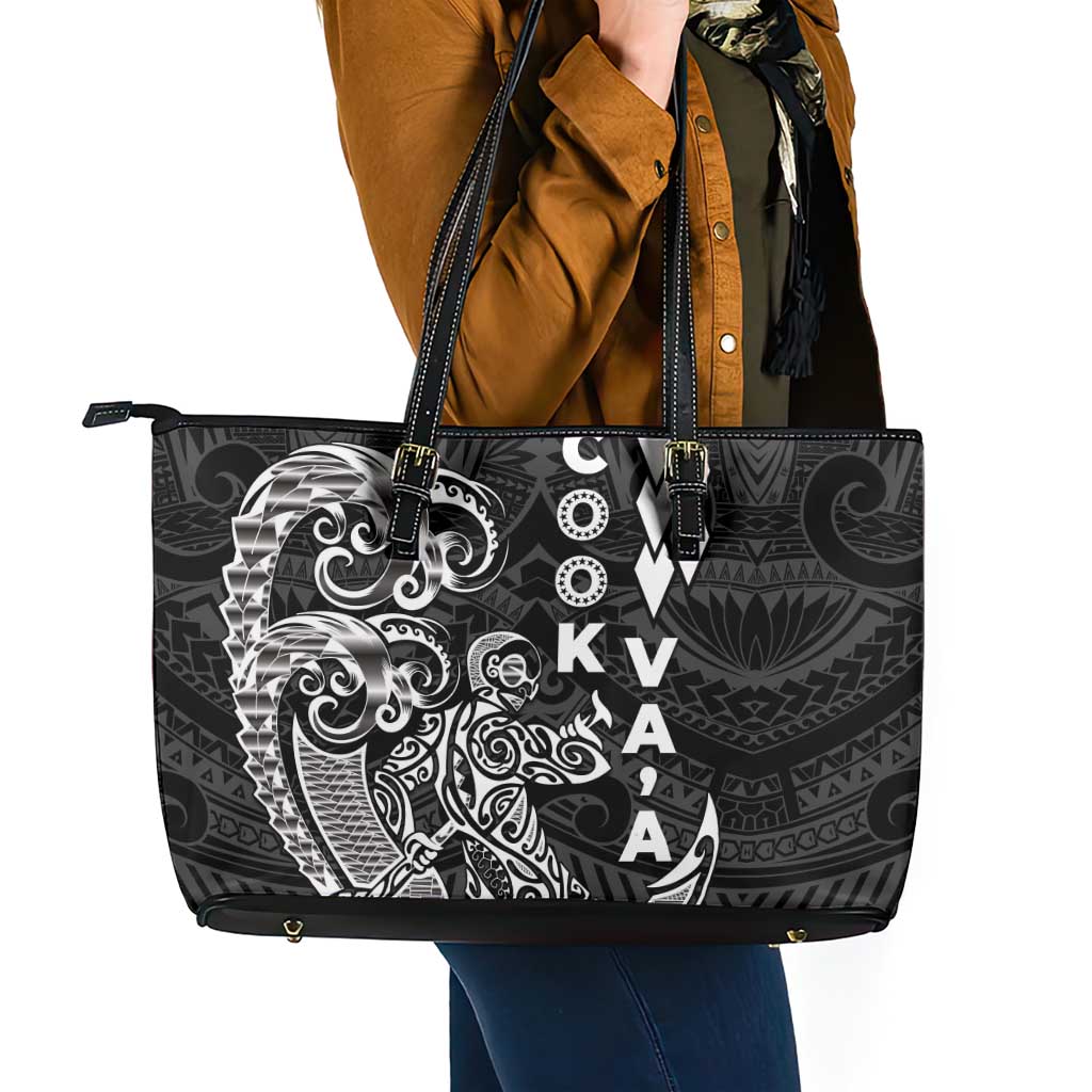 Cook Islands Va'a Polynesian Art Tattoo Leather Tote Bag Black Color LT03 - Polynesian Pride