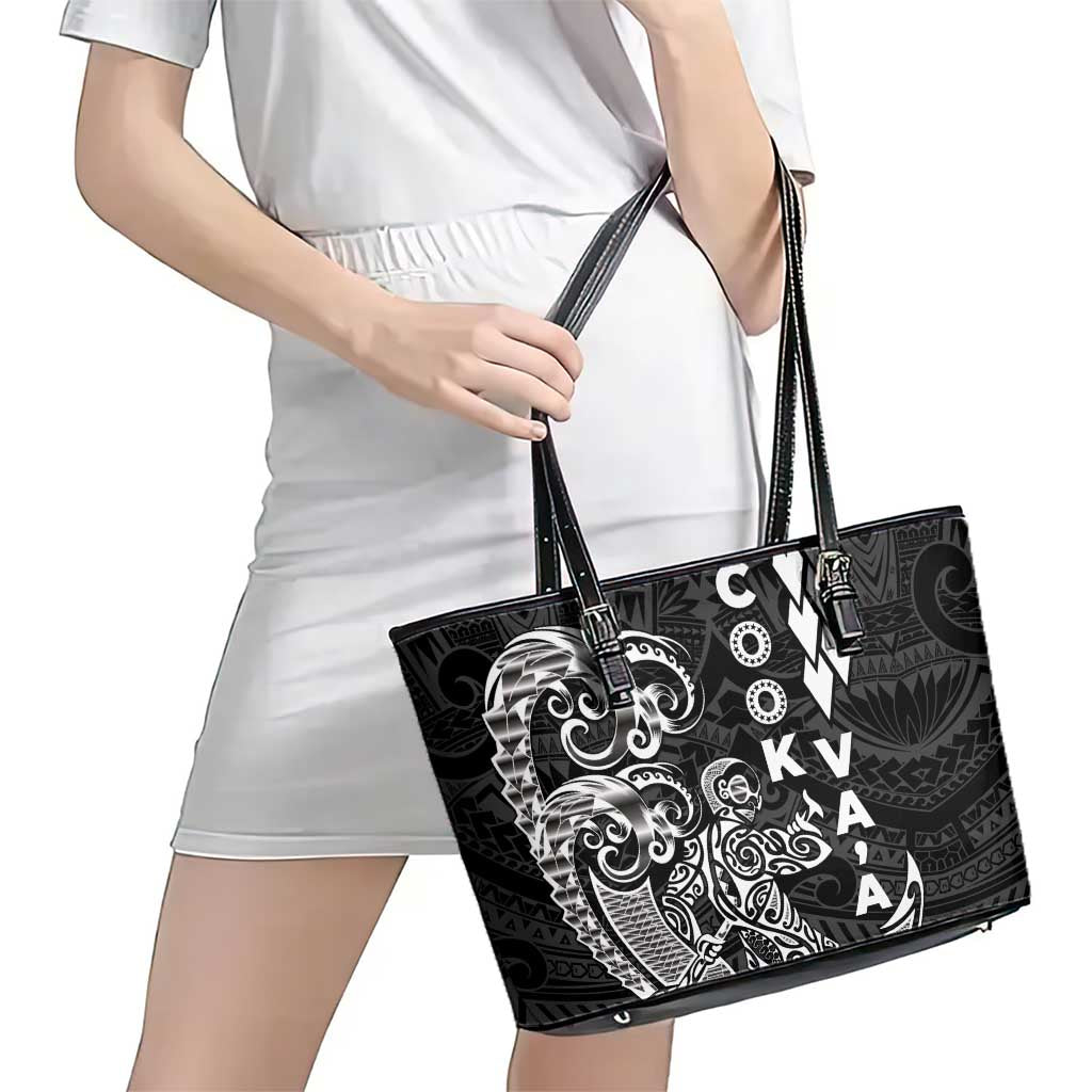 Cook Islands Va'a Polynesian Art Tattoo Leather Tote Bag Black Color LT03 - Polynesian Pride