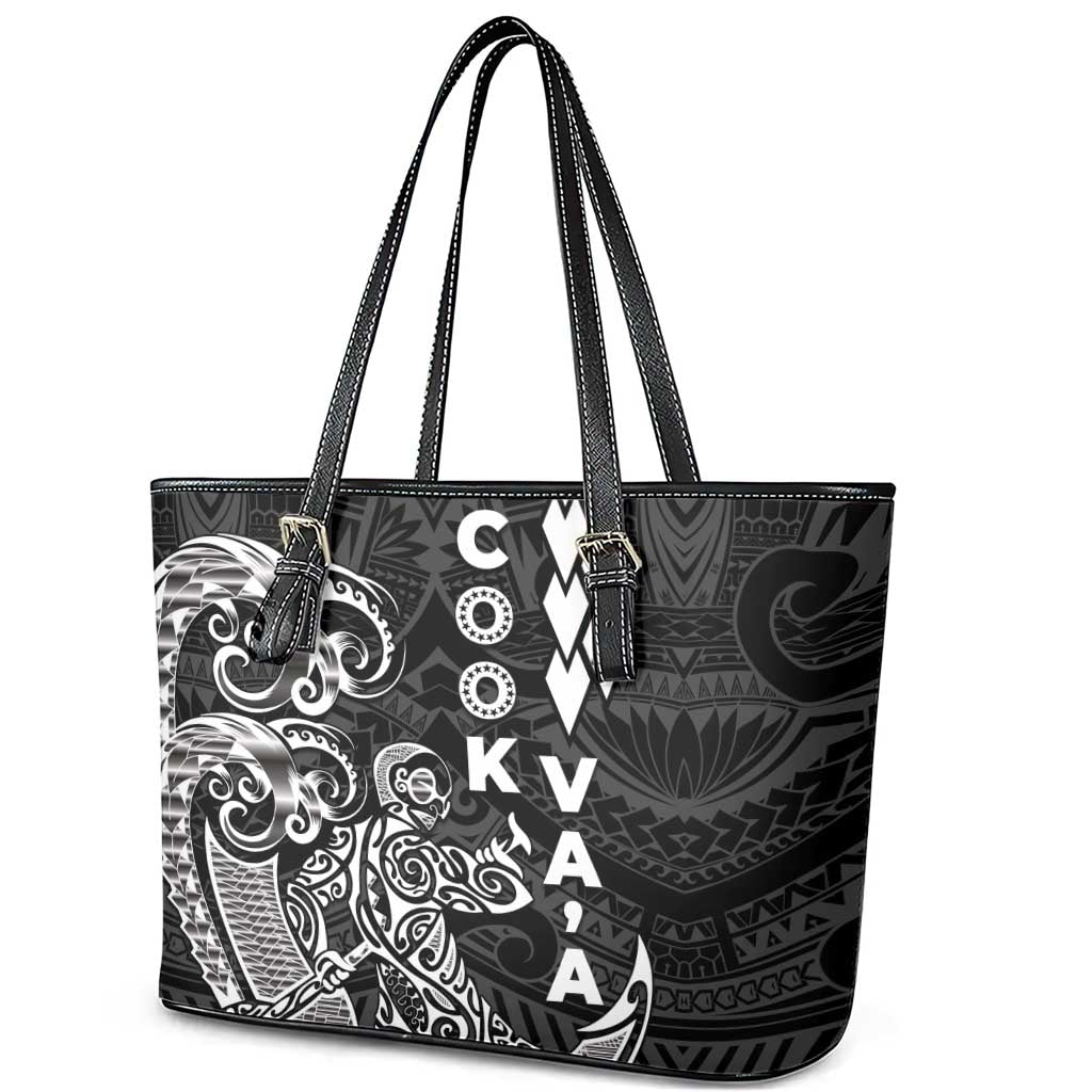 Cook Islands Va'a Polynesian Art Tattoo Leather Tote Bag Black Color LT03 - Polynesian Pride