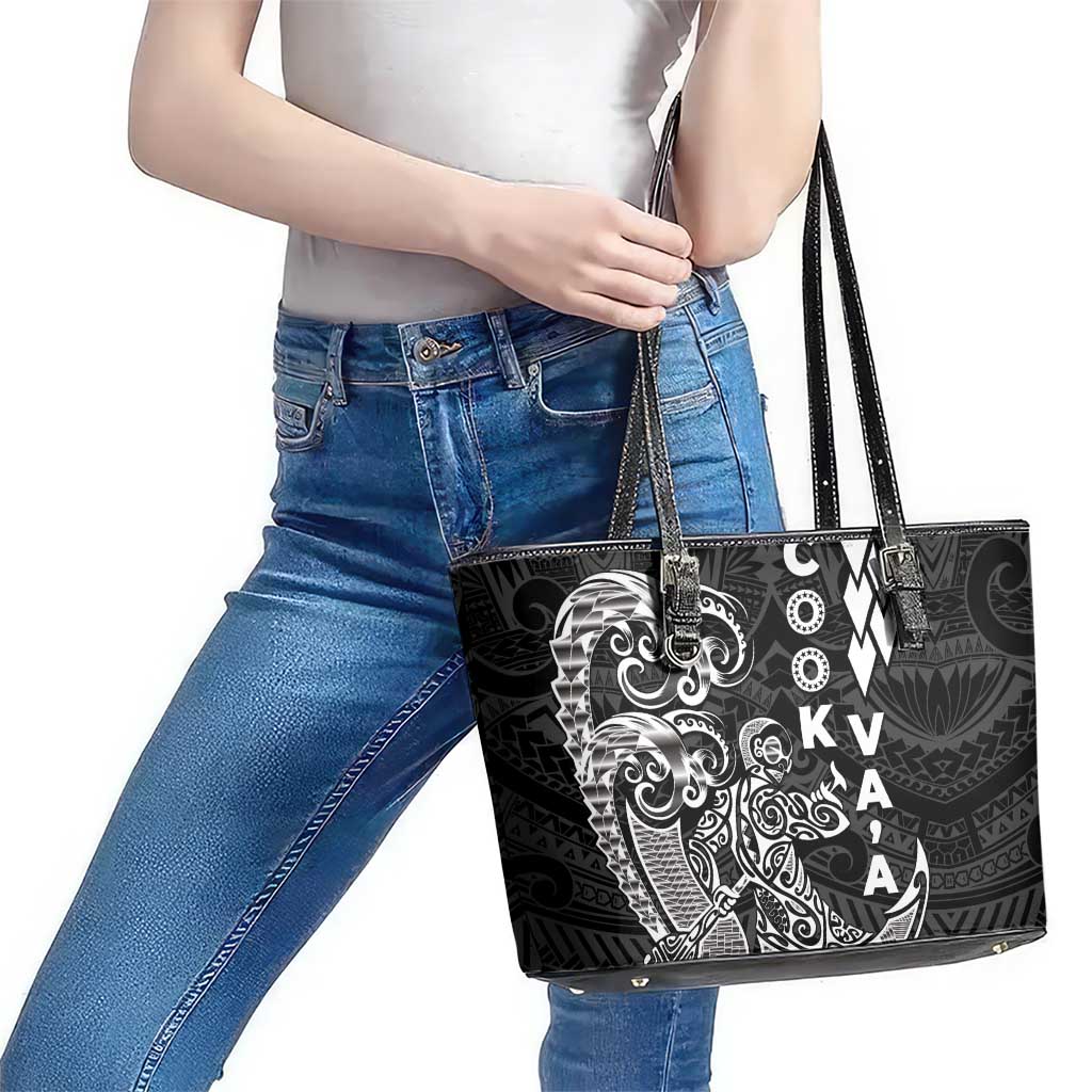 Cook Islands Va'a Polynesian Art Tattoo Leather Tote Bag Black Color LT03 - Polynesian Pride
