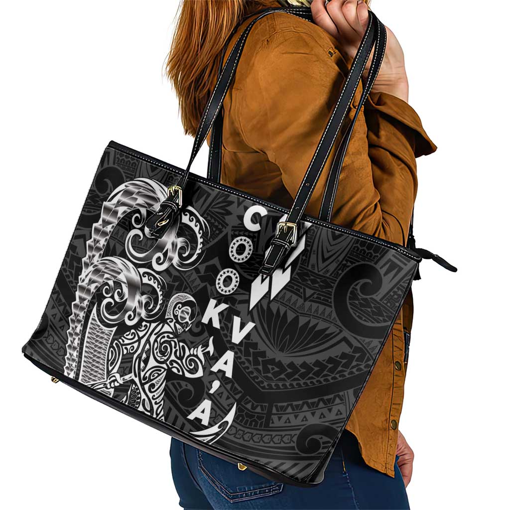 Cook Islands Va'a Polynesian Art Tattoo Leather Tote Bag Black Color LT03 - Polynesian Pride