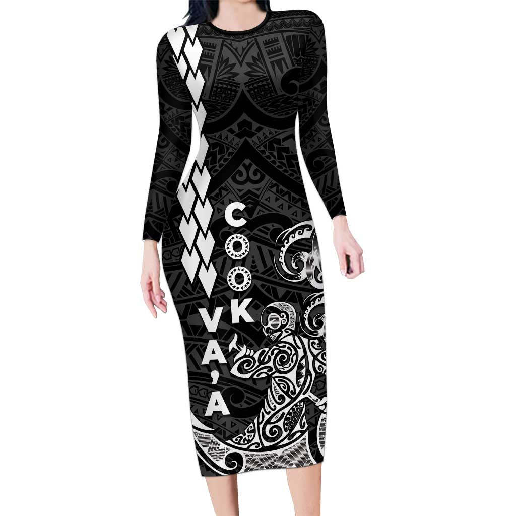 Cook Islands Vaa Polynesian Art Tattoo Long Sleeve Bodycon Dress Black Color