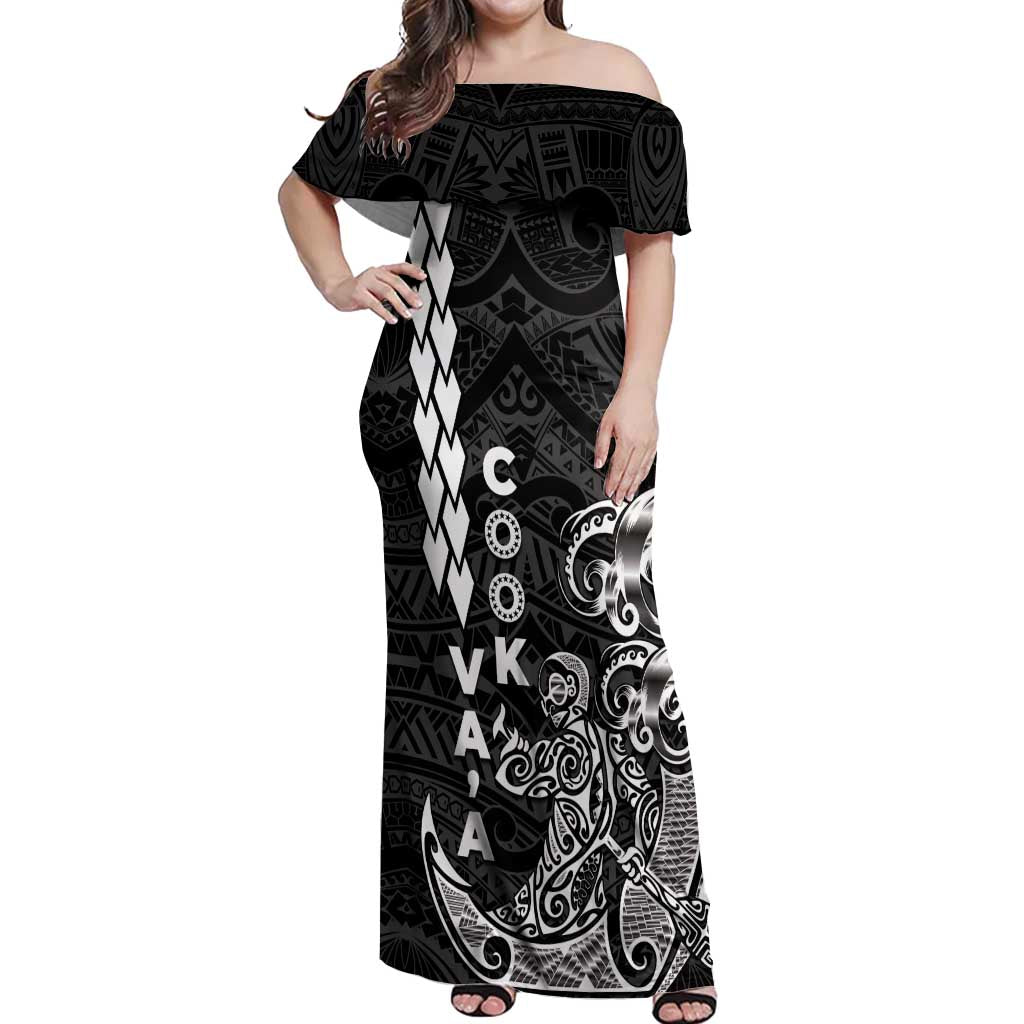 Cook Islands Va'a Polynesian Art Tattoo Off Shoulder Maxi Dress Black Color LT03 Women Black - Polynesian Pride