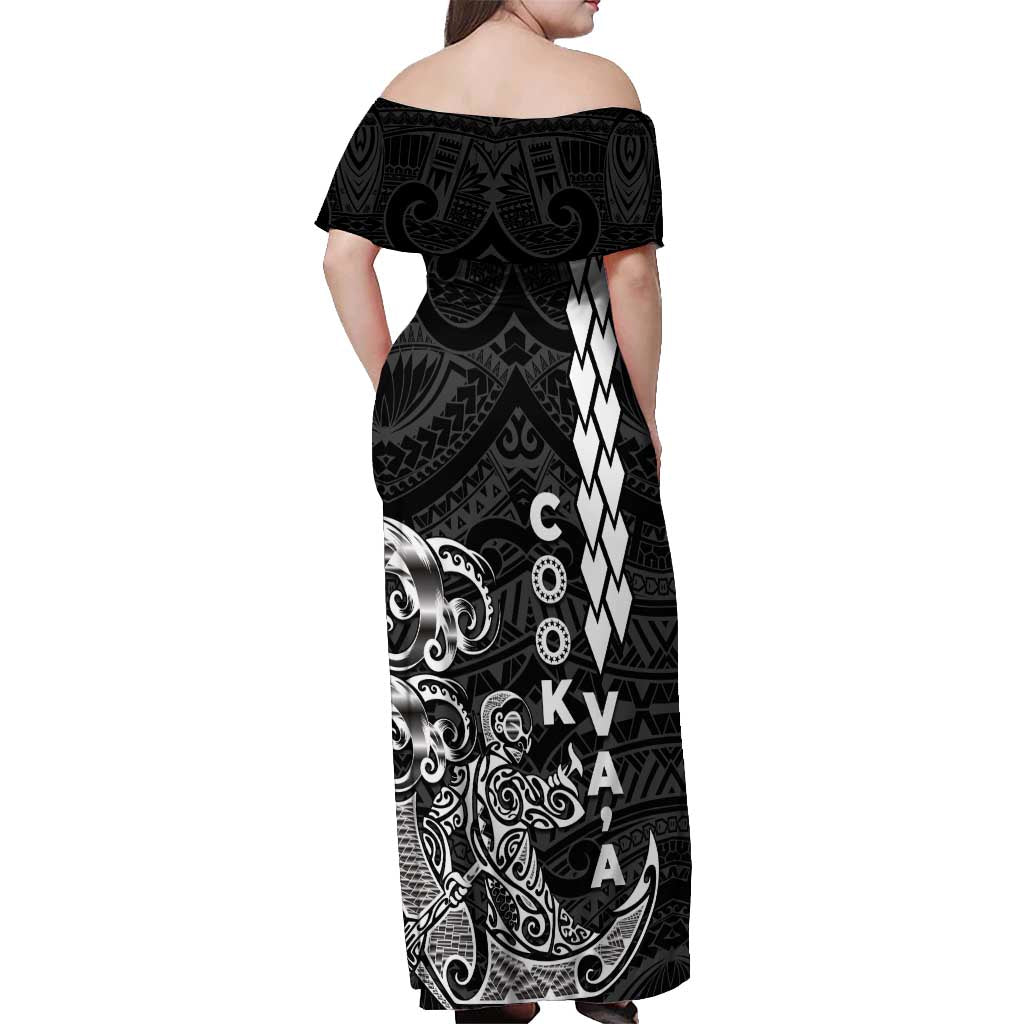 Cook Islands Va'a Polynesian Art Tattoo Off Shoulder Maxi Dress Black Color LT03 - Polynesian Pride