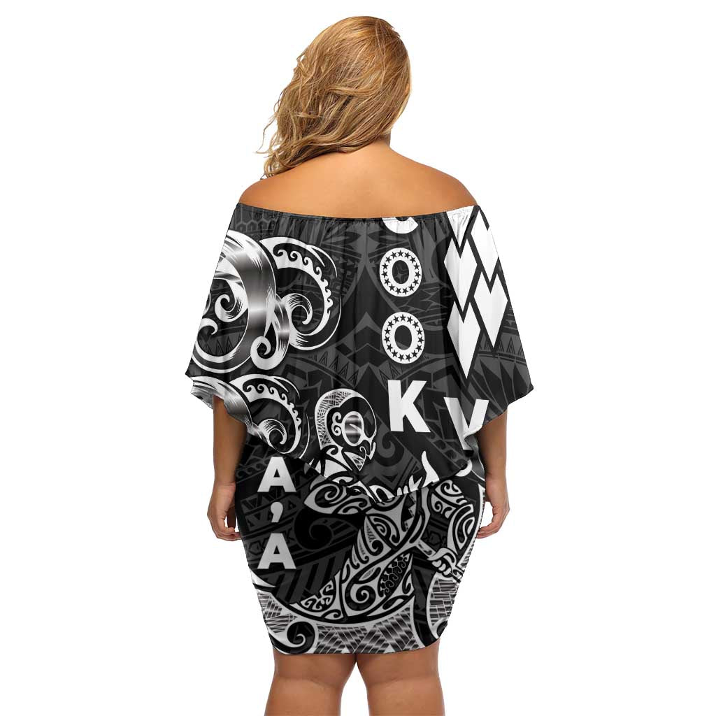 Cook Islands Va'a Polynesian Art Tattoo Off Shoulder Short Dress Black Color LT03 - Polynesian Pride