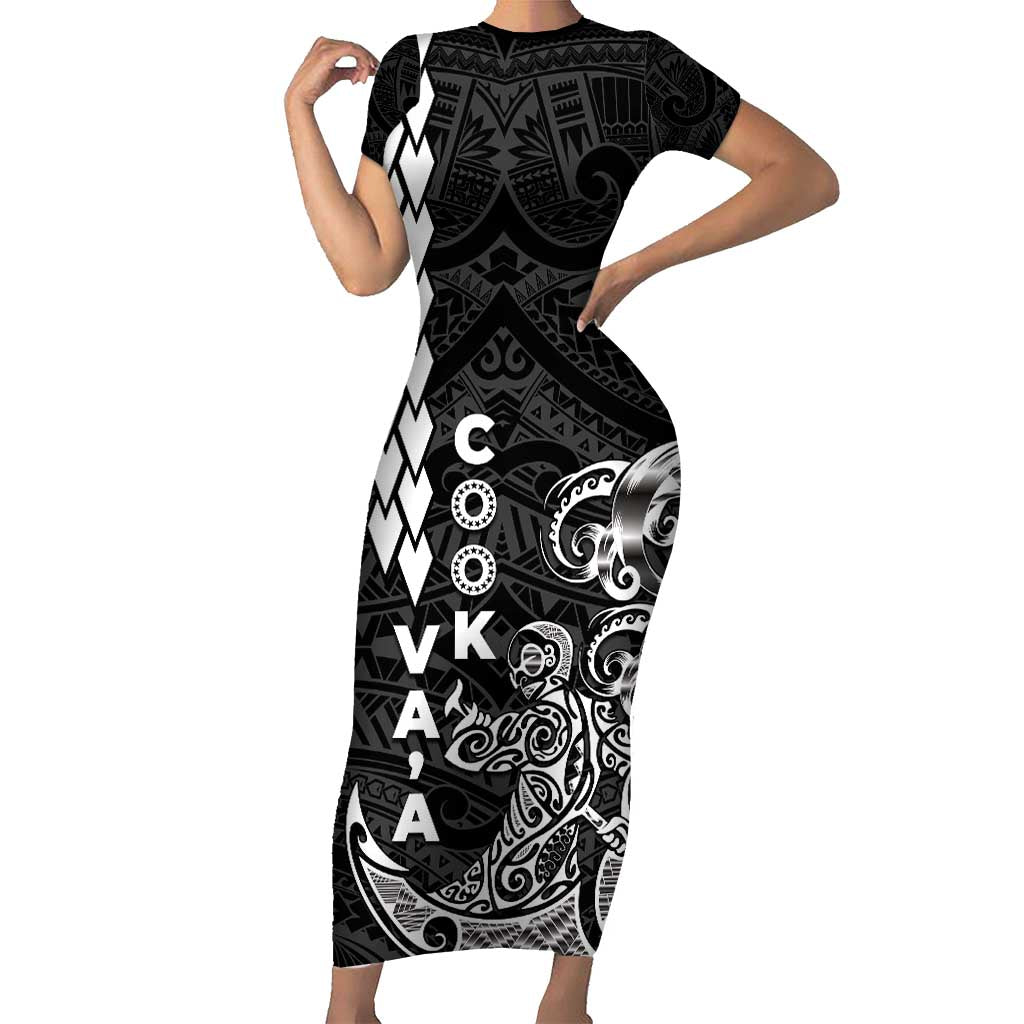 Cook Islands Vaa Polynesian Art Tattoo Short Sleeve Bodycon Dress Black Color