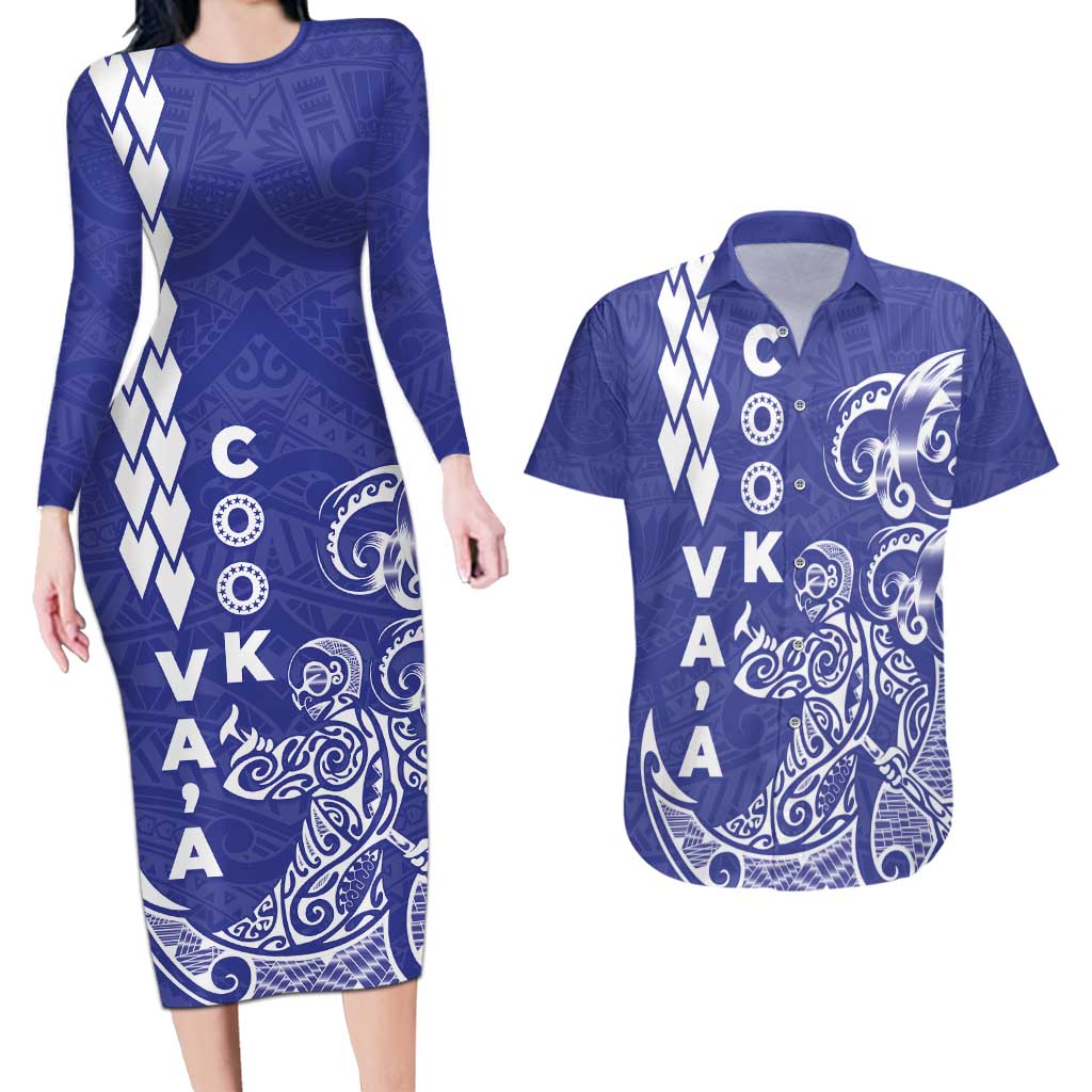 Cook Islands Vaa Polynesian Art Tattoo Couples Matching Long Sleeve Bodycon Dress and Hawaiian Shirt Blue Color