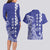 Cook Islands Vaa Polynesian Art Tattoo Couples Matching Long Sleeve Bodycon Dress and Hawaiian Shirt Blue Color