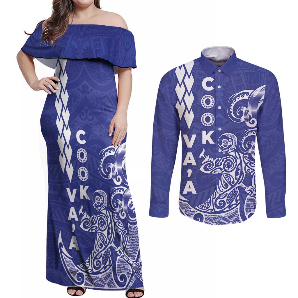 Cook Islands Va'a Polynesian Art Tattoo Couples Matching Off Shoulder Maxi Dress and Long Sleeve Button Shirt Blue Color LT03 Blue - Polynesian Pride
