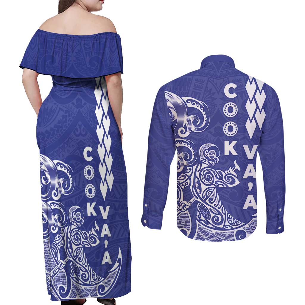 Cook Islands Va'a Polynesian Art Tattoo Couples Matching Off Shoulder Maxi Dress and Long Sleeve Button Shirt Blue Color LT03 - Polynesian Pride