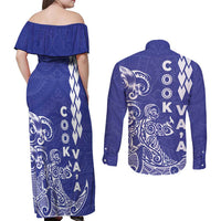 Cook Islands Va'a Polynesian Art Tattoo Couples Matching Off Shoulder Maxi Dress and Long Sleeve Button Shirt Blue Color LT03 - Polynesian Pride