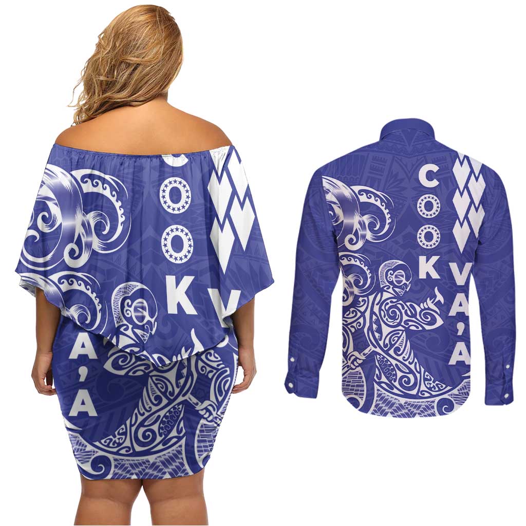 Cook Islands Va'a Polynesian Art Tattoo Couples Matching Off Shoulder Short Dress and Long Sleeve Button Shirt Blue Color LT03 - Polynesian Pride