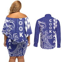 Cook Islands Va'a Polynesian Art Tattoo Couples Matching Off Shoulder Short Dress and Long Sleeve Button Shirt Blue Color LT03 - Polynesian Pride