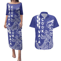Cook Islands Va'a Polynesian Art Tattoo Couples Matching Puletasi and Hawaiian Shirt Blue Color LT03 Blue - Polynesian Pride