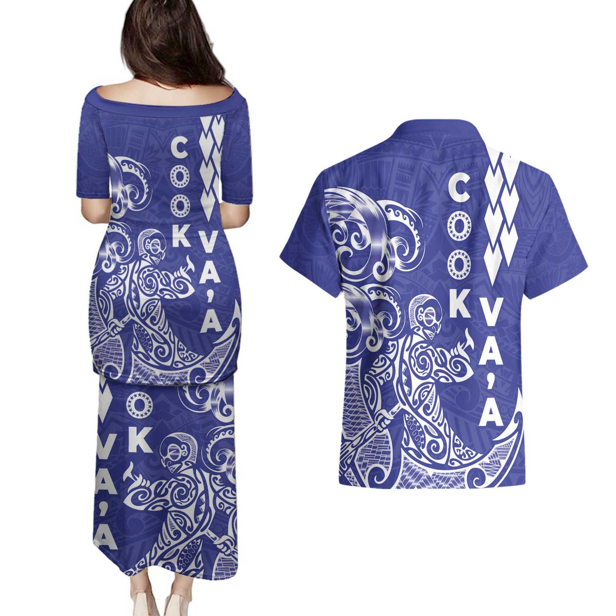 Cook Islands Va'a Polynesian Art Tattoo Couples Matching Puletasi and Hawaiian Shirt Blue Color LT03 - Polynesian Pride