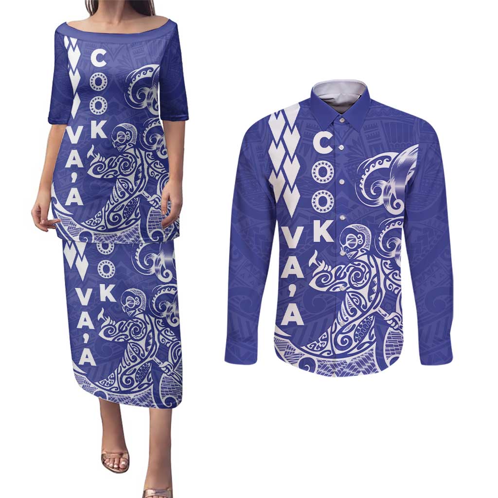 Cook Islands Va'a Polynesian Art Tattoo Couples Matching Puletasi and Long Sleeve Button Shirt Blue Color LT03 Blue - Polynesian Pride