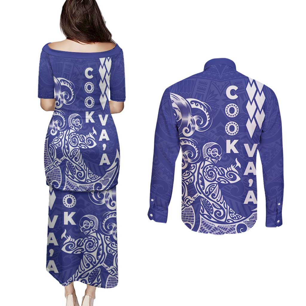Cook Islands Va'a Polynesian Art Tattoo Couples Matching Puletasi and Long Sleeve Button Shirt Blue Color LT03 - Polynesian Pride