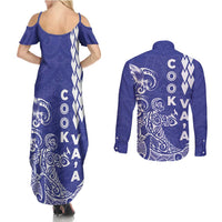 Cook Islands Va'a Polynesian Art Tattoo Couples Matching Summer Maxi Dress and Long Sleeve Button Shirt Blue Color LT03 - Polynesian Pride