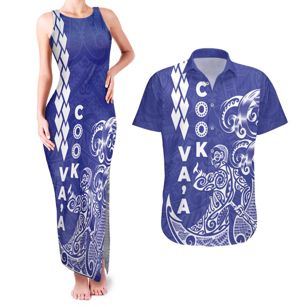 Cook Islands Va'a Polynesian Art Tattoo Couples Matching Tank Maxi Dress and Hawaiian Shirt Blue Color LT03 Blue - Polynesian Pride