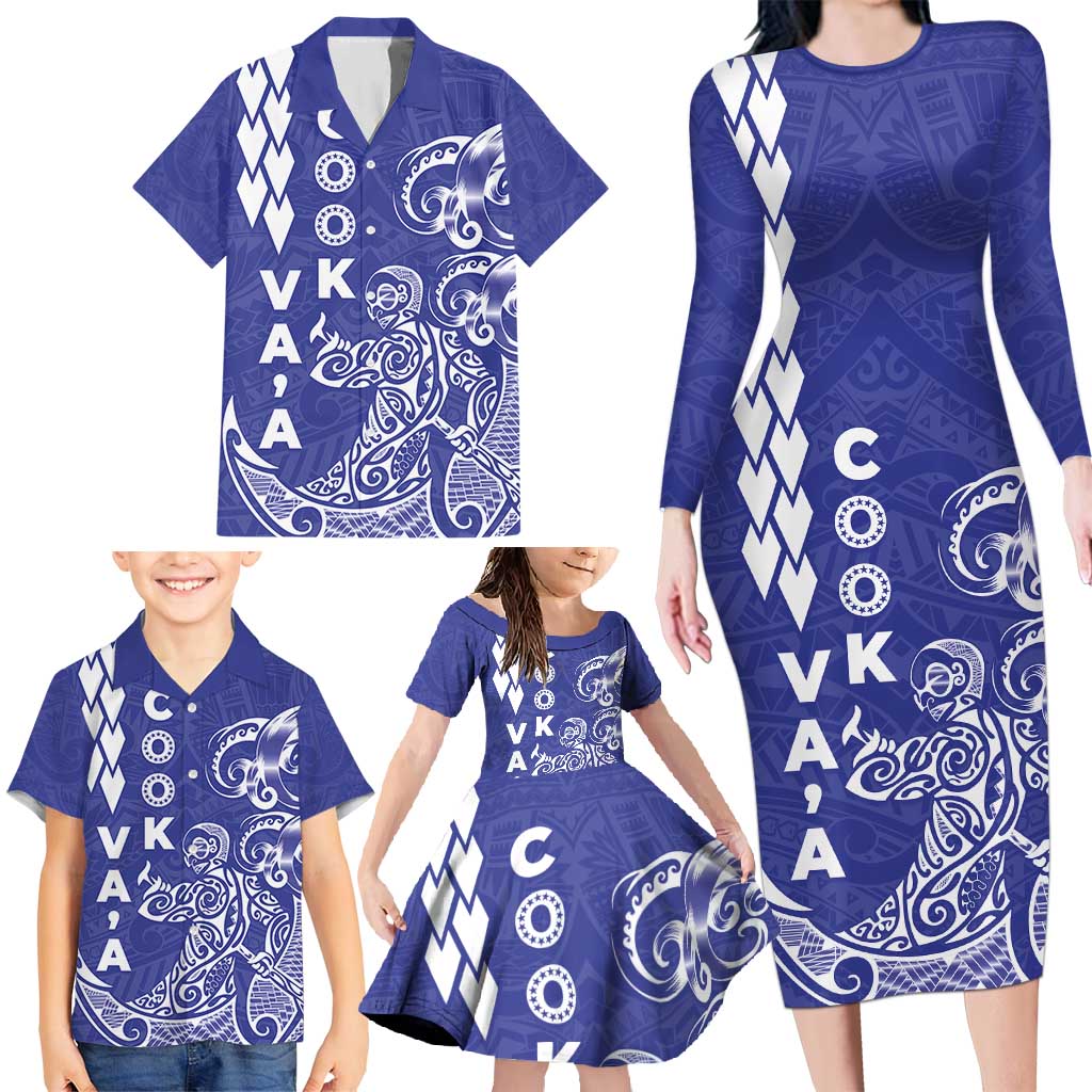 Cook Islands Vaa Polynesian Art Tattoo Family Matching Long Sleeve Bodycon Dress and Hawaiian Shirt Blue Color