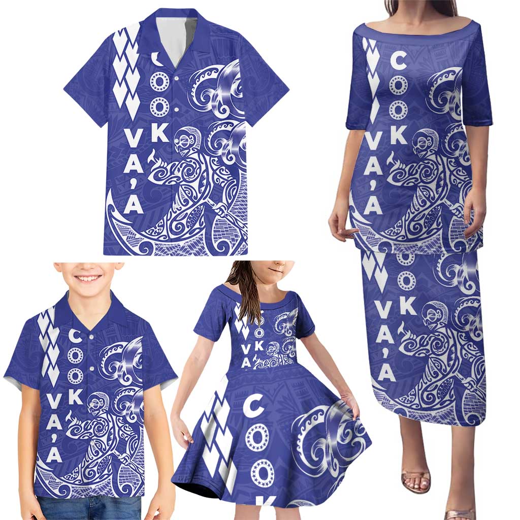 Cook Islands Vaa Polynesian Art Tattoo Family Matching Puletasi and Hawaiian Shirt Blue Color