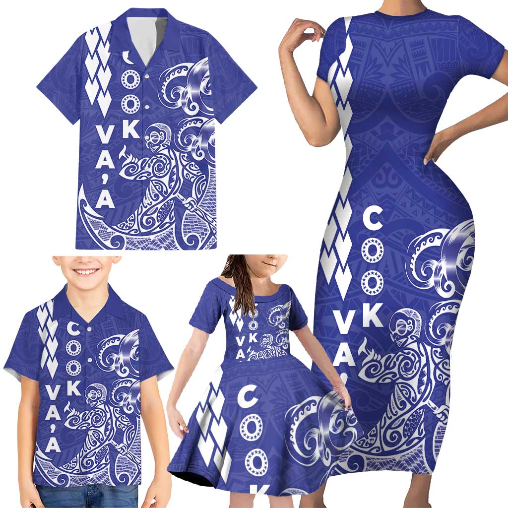 Cook Islands Vaa Polynesian Art Tattoo Family Matching Short Sleeve Bodycon Dress and Hawaiian Shirt Blue Color