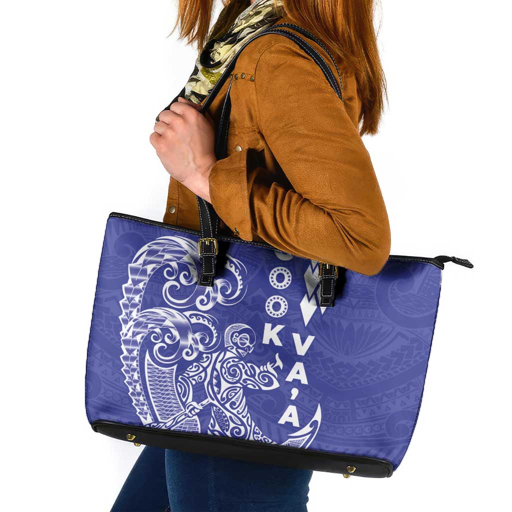 Cook Islands Va'a Polynesian Art Tattoo Leather Tote Bag Blue Color LT03 Blue - Polynesian Pride