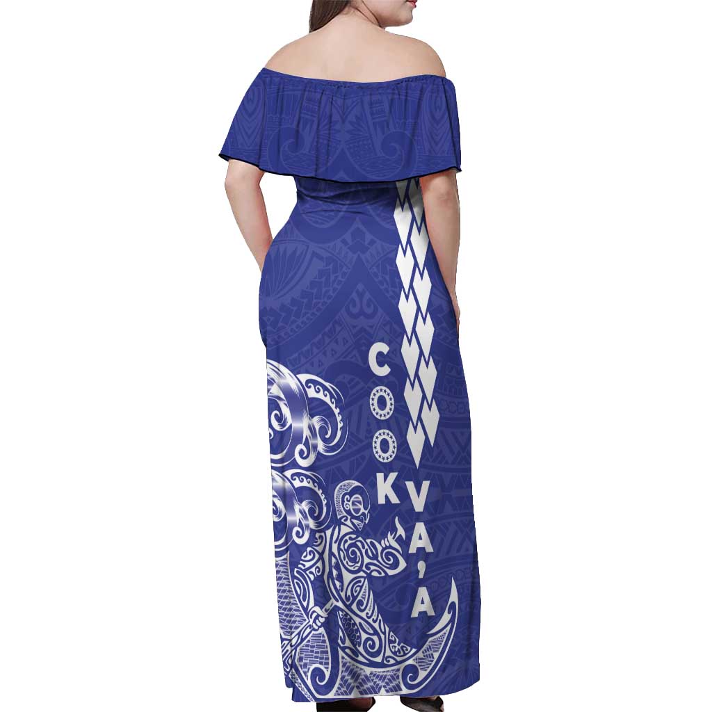 Cook Islands Va'a Polynesian Art Tattoo Off Shoulder Maxi Dress Blue Color LT03 - Polynesian Pride