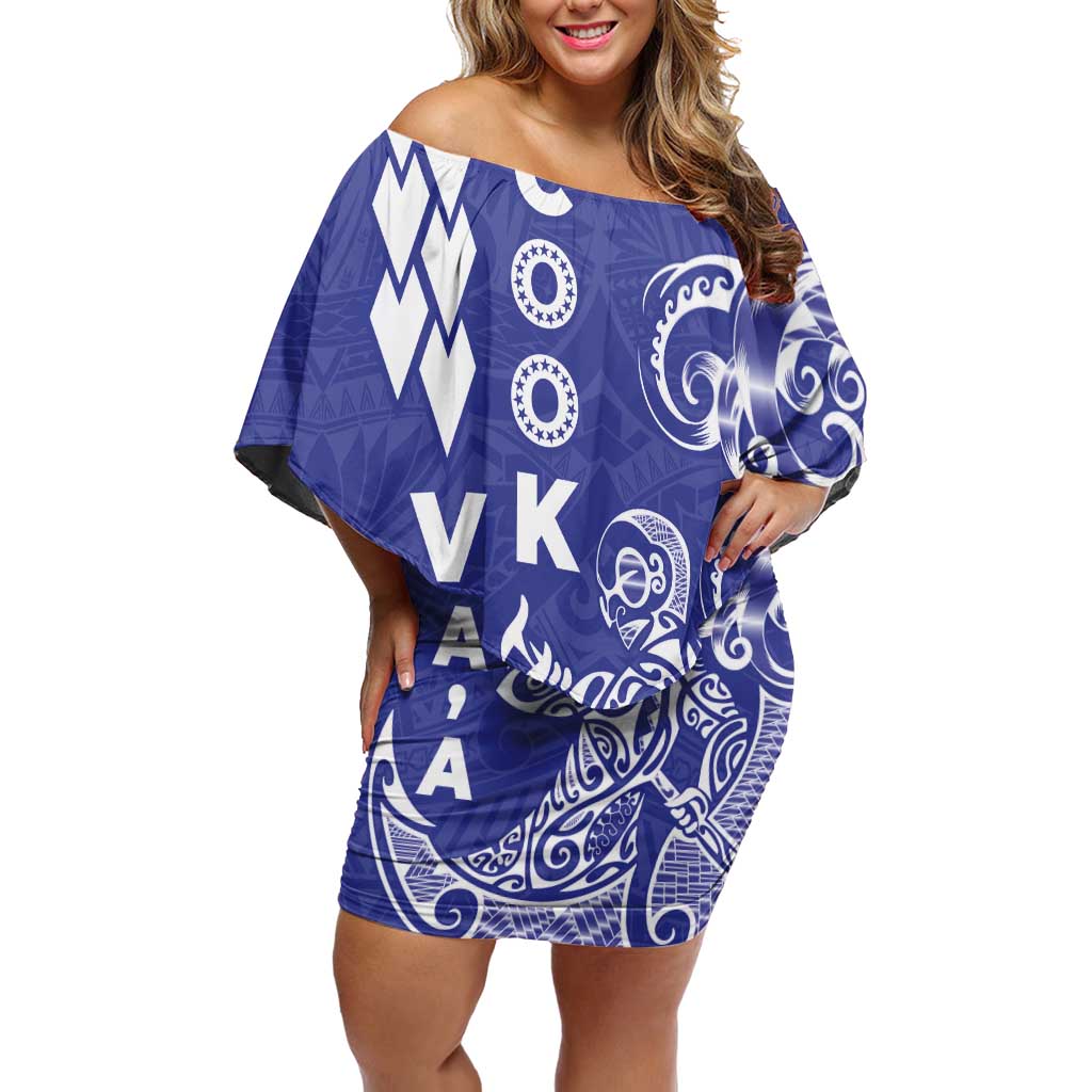 Cook Islands Va'a Polynesian Art Tattoo Off Shoulder Short Dress Blue Color LT03 Women Blue - Polynesian Pride