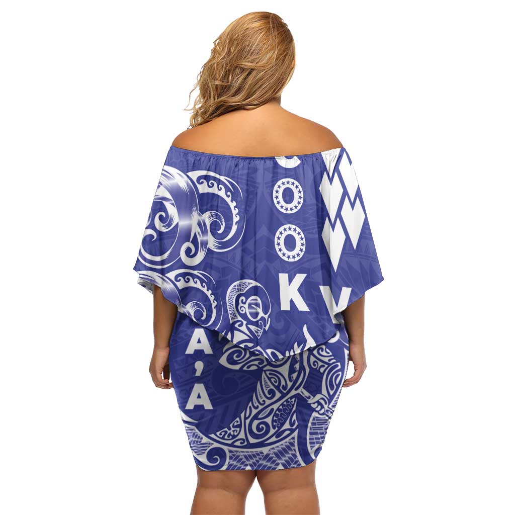 Cook Islands Va'a Polynesian Art Tattoo Off Shoulder Short Dress Blue Color LT03 - Polynesian Pride
