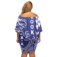 Cook Islands Va'a Polynesian Art Tattoo Off Shoulder Short Dress Blue Color LT03 - Polynesian Pride
