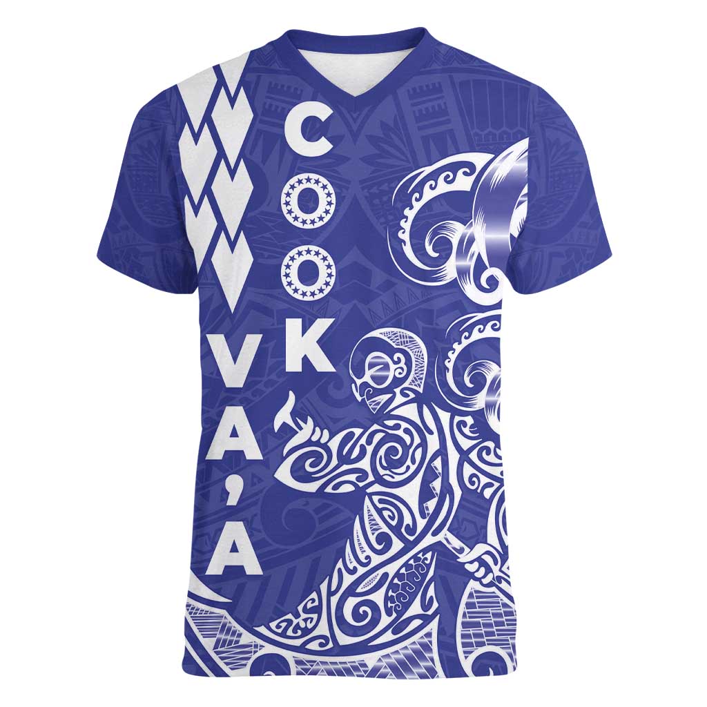 Cook Islands Va'a Polynesian Art Tattoo Women V-Neck T-Shirt Blue Color LT03 Female Blue - Polynesian Pride