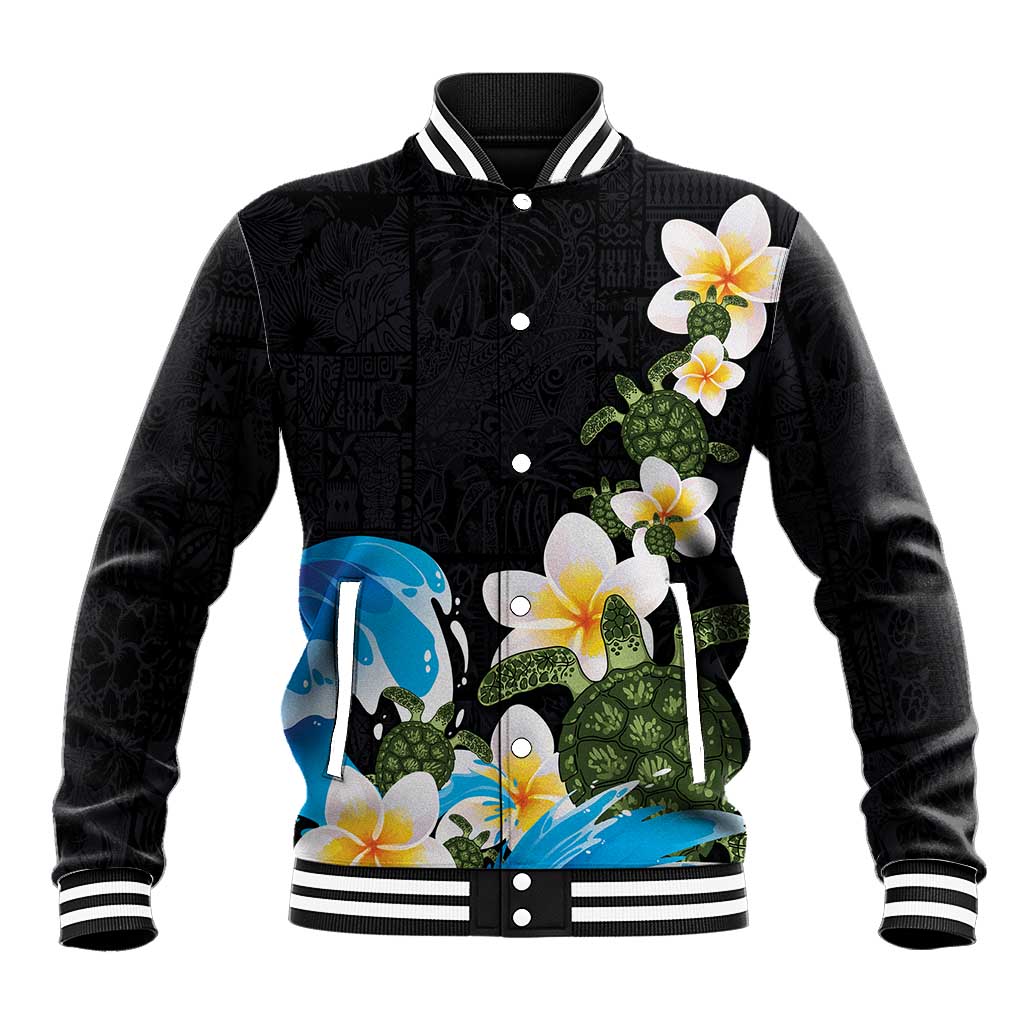Hawaiian Plumeria and Turtle Baseball Jacket with Polynesian Tribal Art Pattern Vintage Vibes LT03 Unisex Black - Polynesian Pride