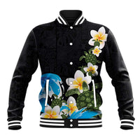 Hawaiian Plumeria and Turtle Baseball Jacket with Polynesian Tribal Art Pattern Vintage Vibes LT03 Unisex Black - Polynesian Pride