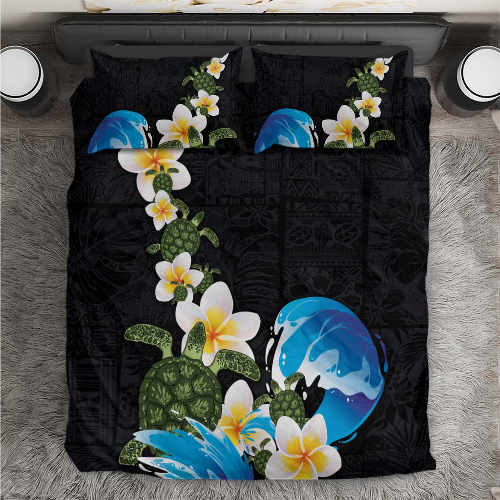 Hawaiian Plumeria and Turtle Bedding Set with Polynesian Tribal Art Pattern Vintage Vibes