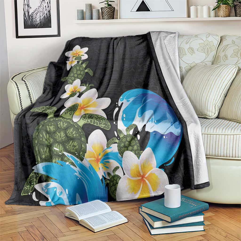Hawaiian Plumeria and Turtle Blanket with Polynesian Tribal Art Pattern Vintage Vibes LT03 Black - Polynesian Pride
