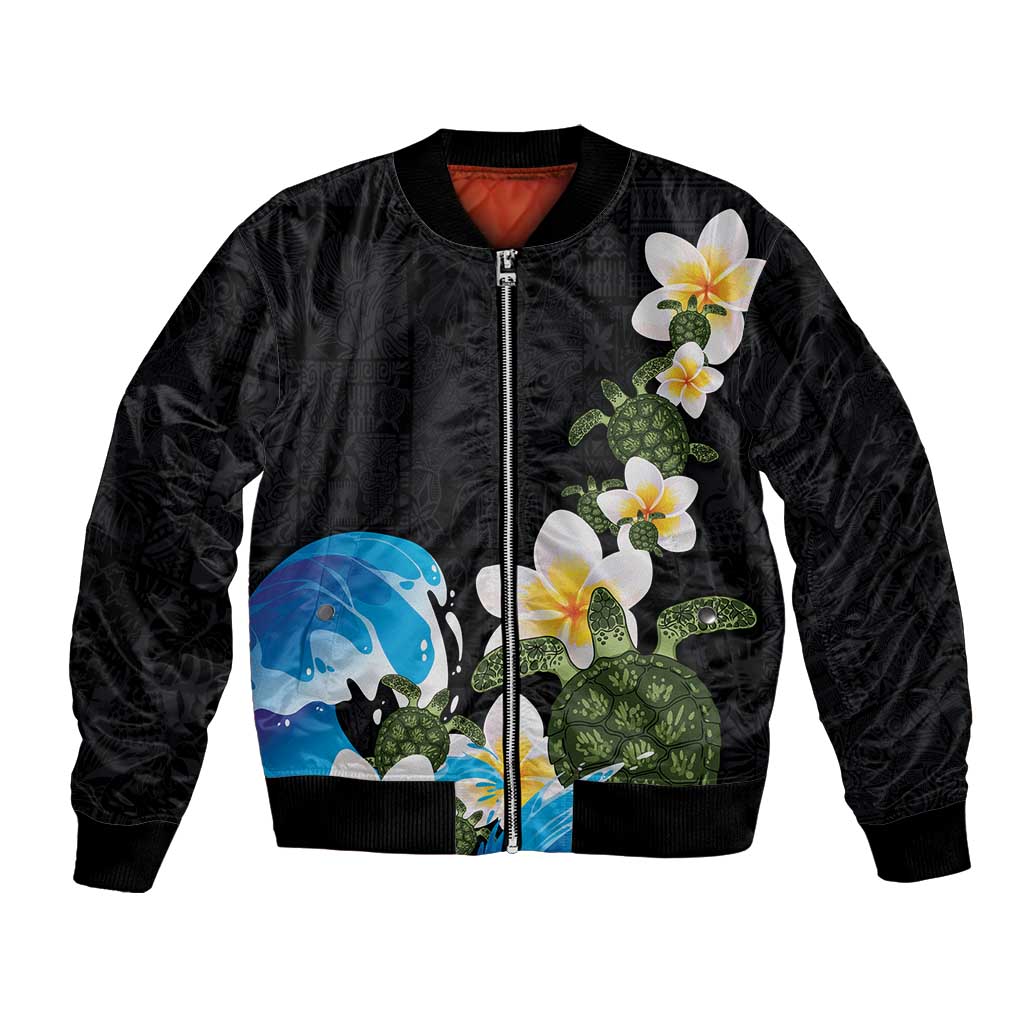 Hawaiian Plumeria and Turtle Bomber Jacket with Polynesian Tribal Art Pattern Vintage Vibes