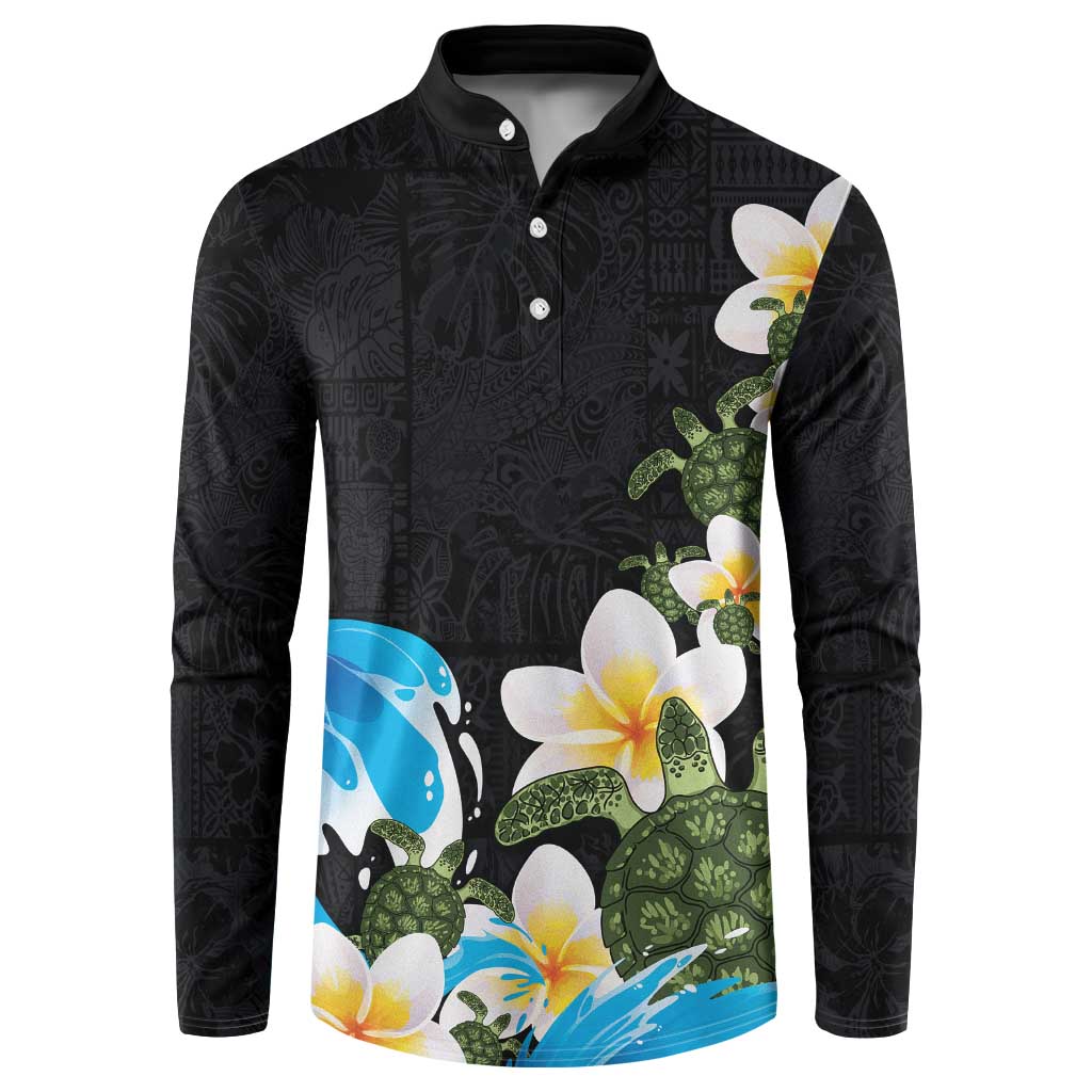 Hawaiian Plumeria and Turtle Button Sweatshirt with Polynesian Tribal Art Pattern Vintage Vibes LT03 Black - Polynesian Pride