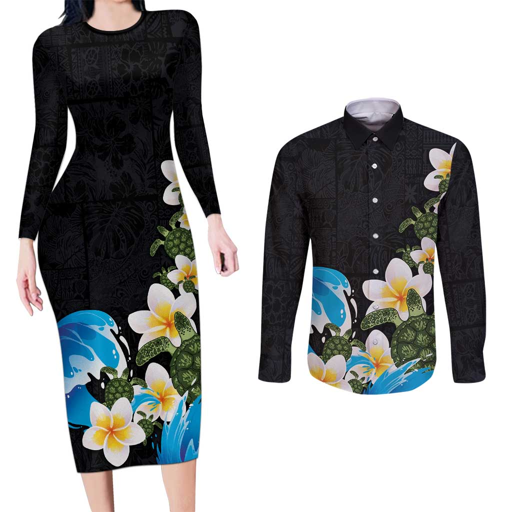 Hawaiian Plumeria and Turtle Couples Matching Long Sleeve Bodycon Dress and Long Sleeve Button Shirt with Polynesian Tribal Art Pattern Vintage Vibes LT03 Black - Polynesian Pride