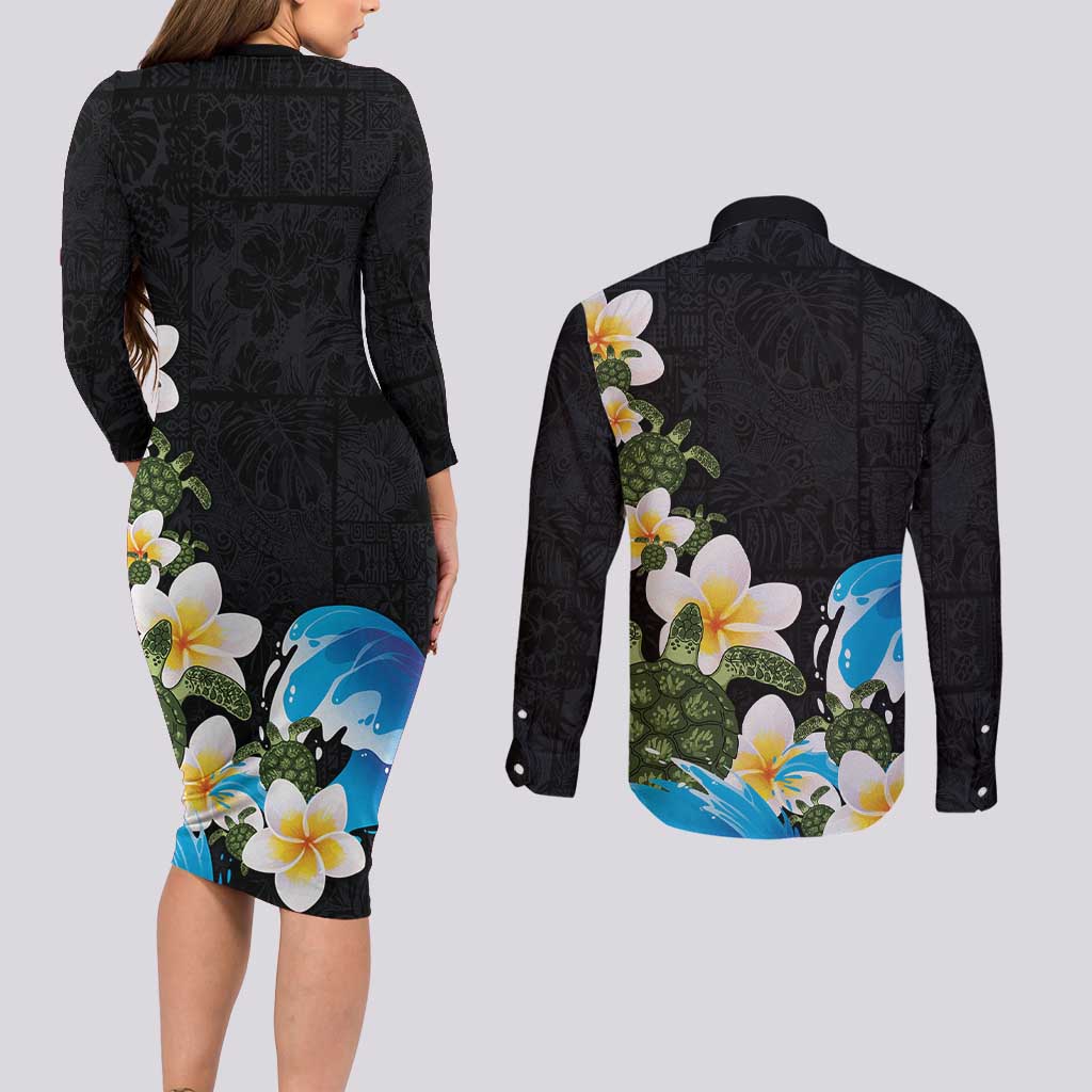 Hawaiian Plumeria and Turtle Couples Matching Long Sleeve Bodycon Dress and Long Sleeve Button Shirt with Polynesian Tribal Art Pattern Vintage Vibes