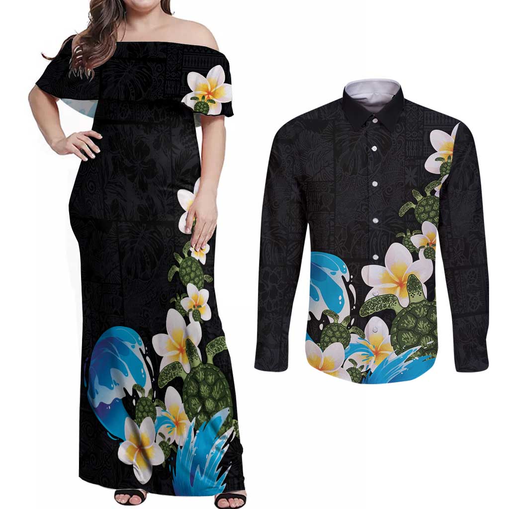 Hawaiian Plumeria and Turtle Couples Matching Off Shoulder Maxi Dress and Long Sleeve Button Shirt with Polynesian Tribal Art Pattern Vintage Vibes LT03 Black - Polynesian Pride