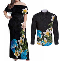 Hawaiian Plumeria and Turtle Couples Matching Off Shoulder Maxi Dress and Long Sleeve Button Shirt with Polynesian Tribal Art Pattern Vintage Vibes