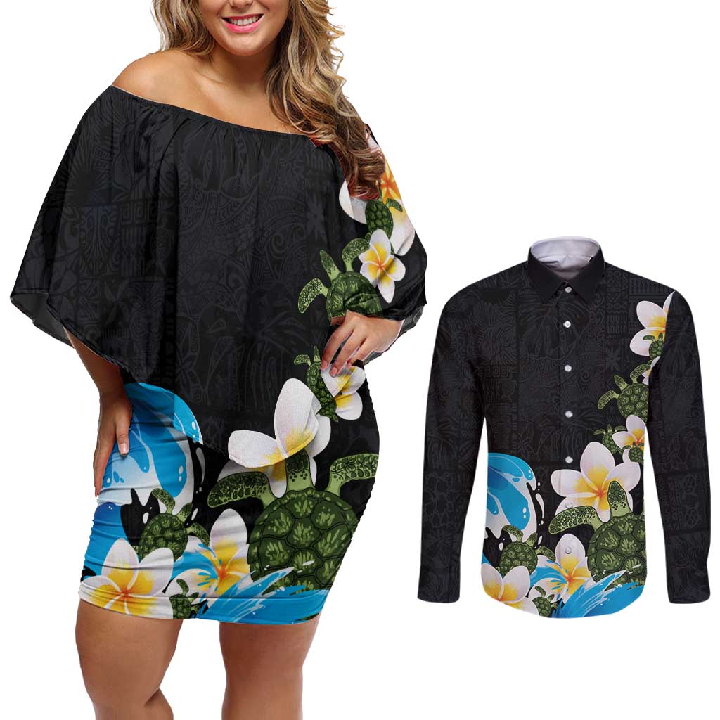 Hawaiian Plumeria and Turtle Couples Matching Off Shoulder Short Dress and Long Sleeve Button Shirt with Polynesian Tribal Art Pattern Vintage Vibes LT03 Black - Polynesian Pride