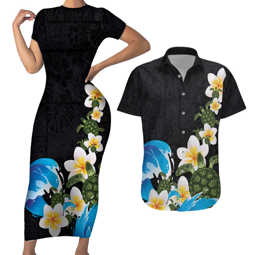 Hawaiian Plumeria and Turtle Couples Matching Short Sleeve Bodycon Dress and Hawaiian Shirt with Polynesian Tribal Art Pattern Vintage Vibes