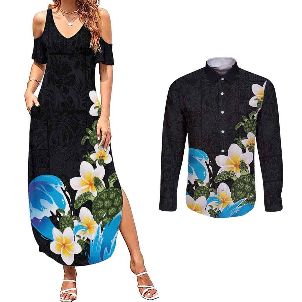 Hawaiian Plumeria and Turtle Couples Matching Summer Maxi Dress and Long Sleeve Button Shirt with Polynesian Tribal Art Pattern Vintage Vibes LT03 Black - Polynesian Pride