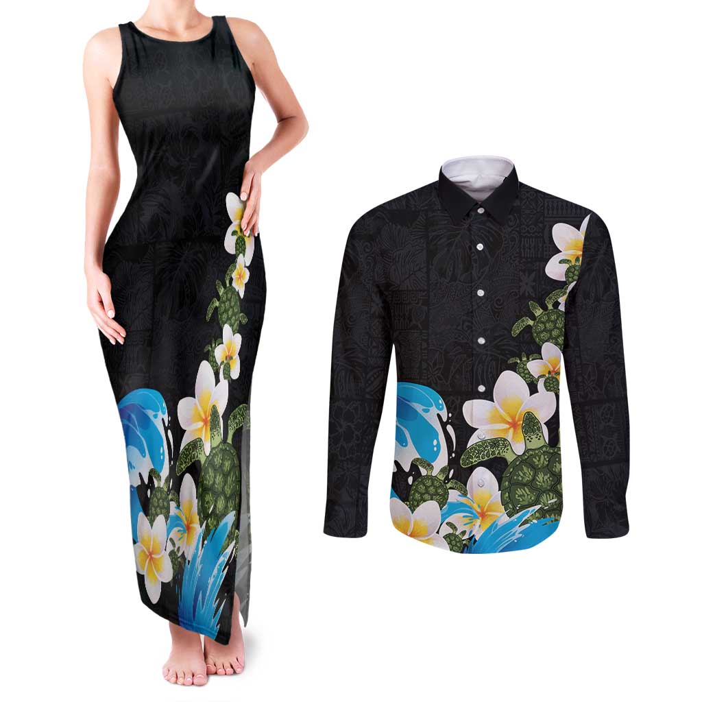 Hawaiian Plumeria and Turtle Couples Matching Tank Maxi Dress and Long Sleeve Button Shirt with Polynesian Tribal Art Pattern Vintage Vibes LT03 Black - Polynesian Pride