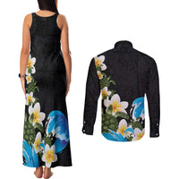 Hawaiian Plumeria and Turtle Couples Matching Tank Maxi Dress and Long Sleeve Button Shirt with Polynesian Tribal Art Pattern Vintage Vibes LT03 - Polynesian Pride